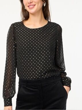 J. Crew Black Gold Shimmer Clip Dot Long Sleeve Blouse Shirt L NWT
